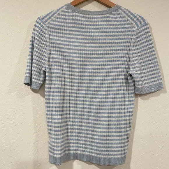 ~Brooks Brothers XL Sweater Short Sleeved Striped Metallic Ribbed Knit Lite Blue - Picture 13 of 16